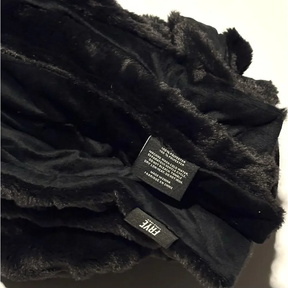 FRYE Faux Fur Throw Blanket Black TEXTURED Plaid 50 X 70